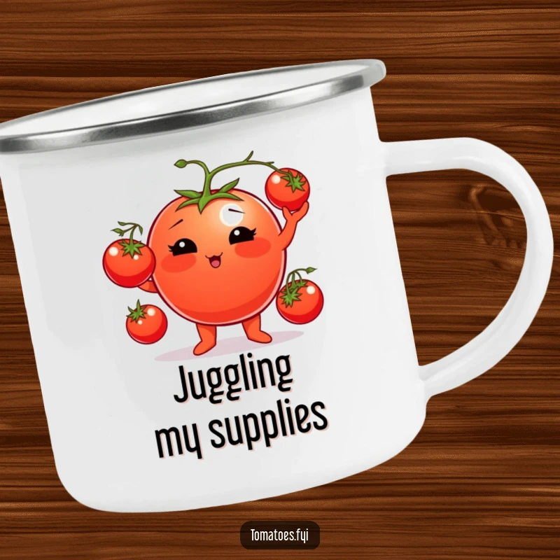 Funny tomato camping mug featuring a plump tomato character juggling cherry tomatoes, perfect for outdoor beverages with humor.