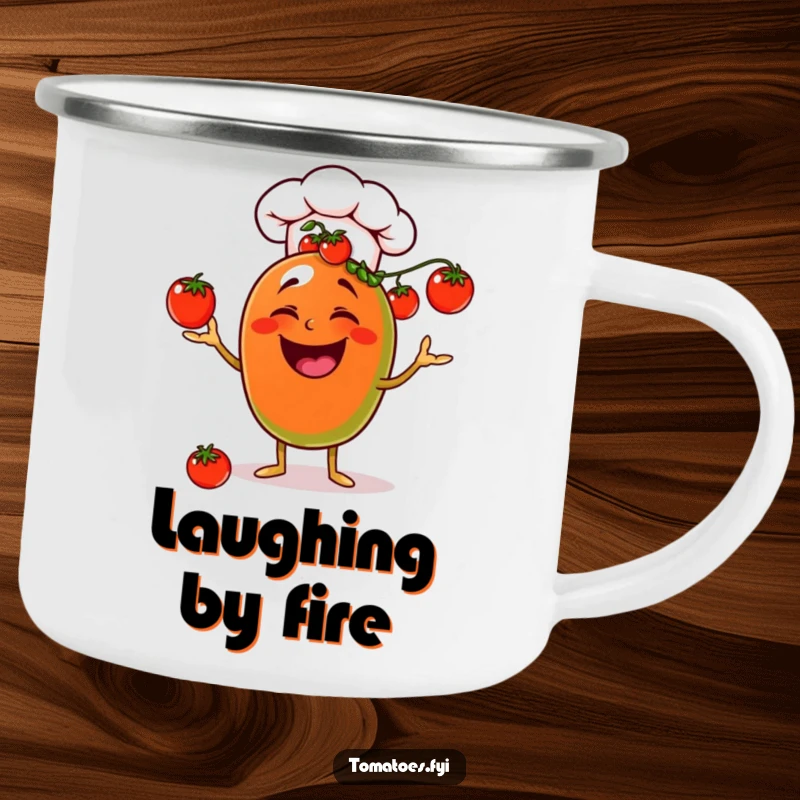 Funny laughing chef tomato camping mug, juggling cherry tomatoes with a chef hat, humorous outdoor essential.