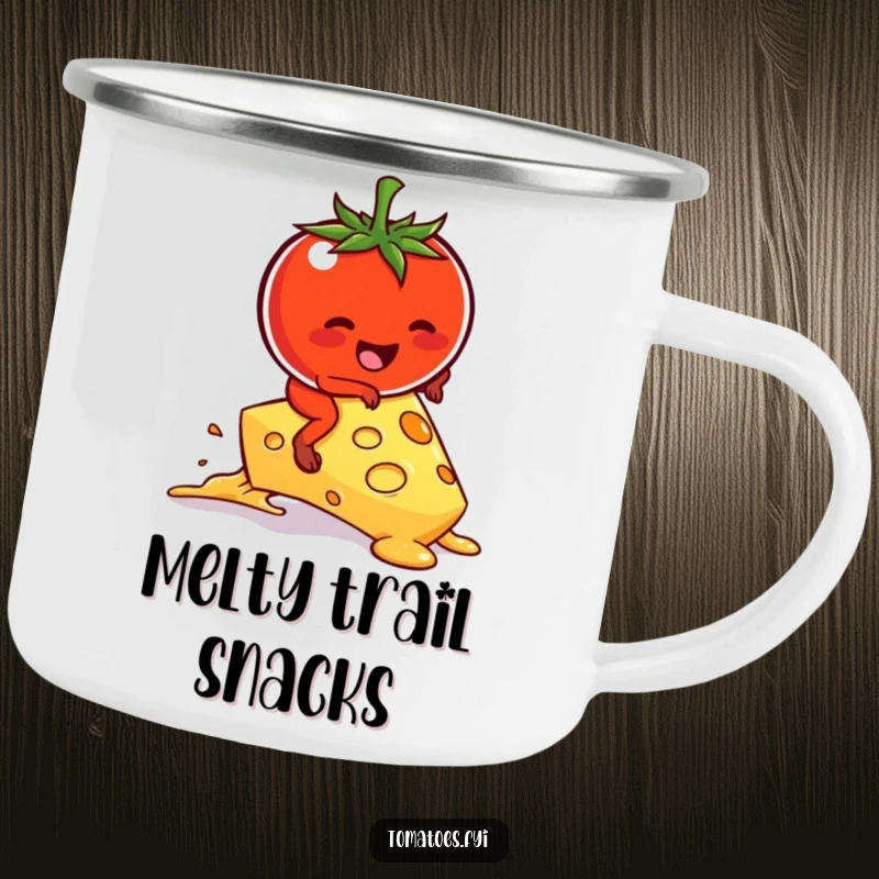 Funny kawaii tomato character hilariously attempting to ride a melting cheese slice on a durable camping mug.