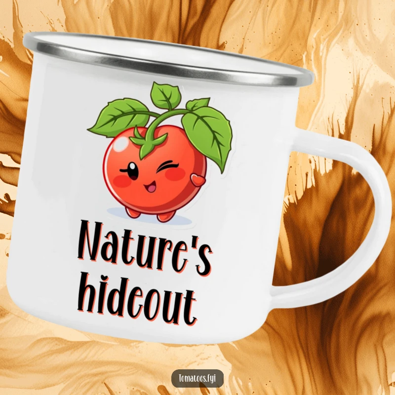 Funny camping mug showing a winking tomato character playfully peeking from behind a leaf, perfect for outdoor fun and mystery.