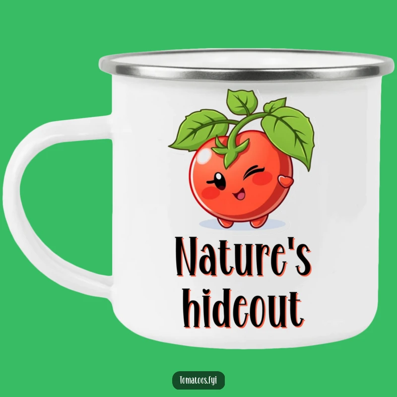 Funny Winking Tomato Campfire Mug - Playful Outdoor Veggie Drinkware