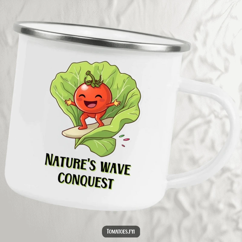 Funny grinning tomato character surfing on a giant lettuce leaf, on a durable and funny camping mug.