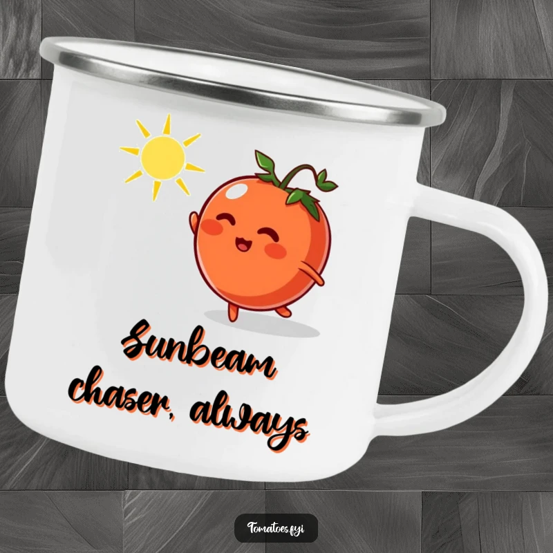 Funny camping mug featuring a cartoon tomato chasing a dancing sunbeam, ideal for outdoor enthusiasts who love humor.