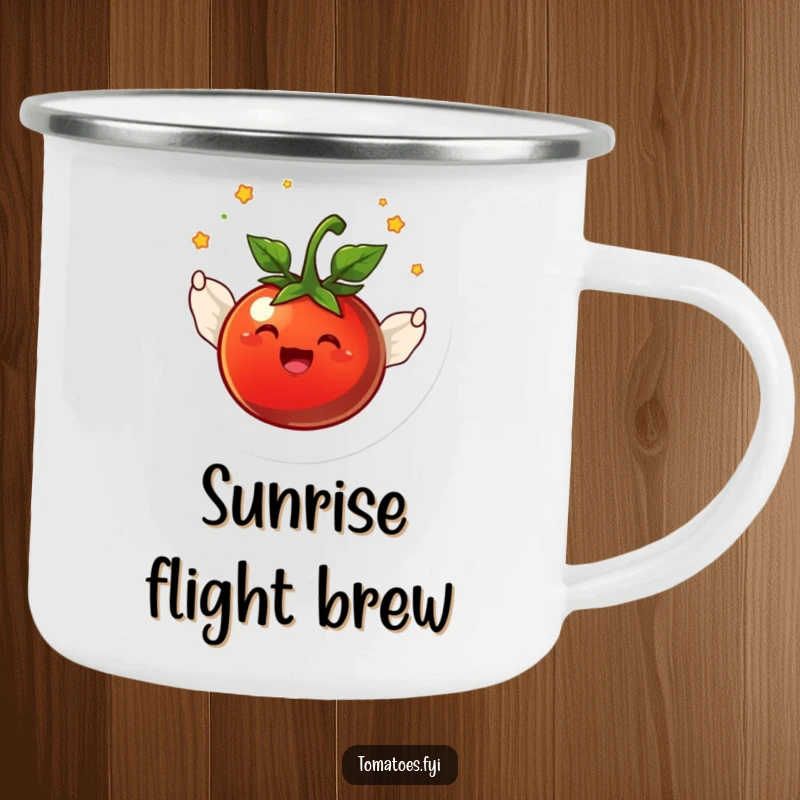 Funny joyful tomato character with tiny wings flying in a circle on a sturdy enamel camping mug.
