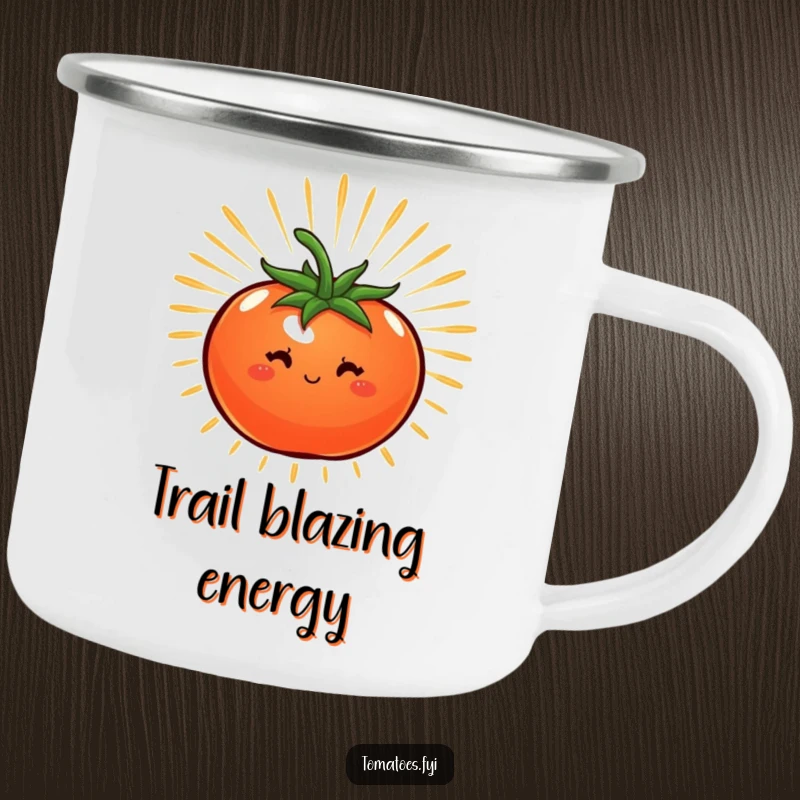 Funny camping mug featuring a tomato surrounded by a starburst of energy, perfect for energetic outdoor moments.