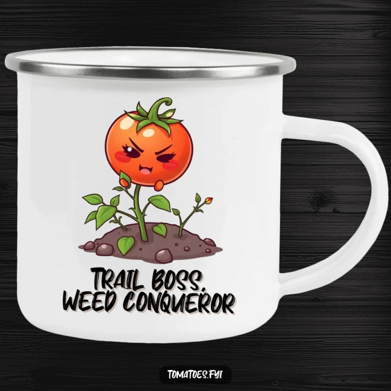 Funny camping mug featuring a cartoon tomato determinedly climbing a small weed, symbolizing effort and resilience in the wild.
