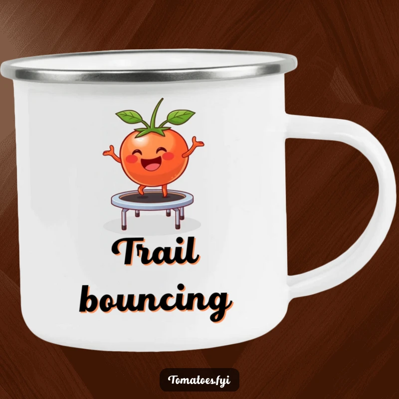 Funny Camping Mug: Happy tomato character comically bounces on a small trampoline, a humorous and cheerful camp cup.