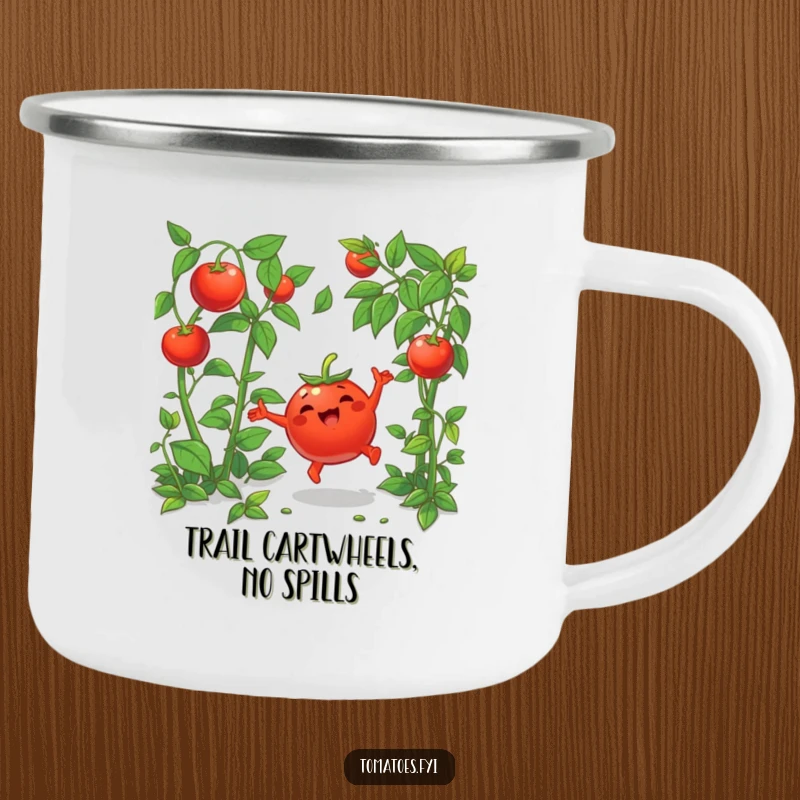 Funny camping mug featuring a joyful cartoon tomato doing a cartwheel amongst greenery, ideal for outdoor celebrations.