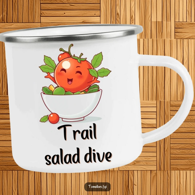 Funny camping mug with a winking tomato character doing a cool dive, perfect for stylish outdoor coffee.