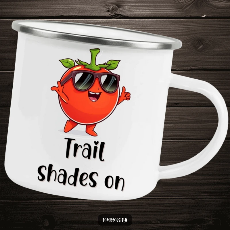 Funny tomato character wearing sunglasses and striking a cool pose, on a durable and funny camping mug.
