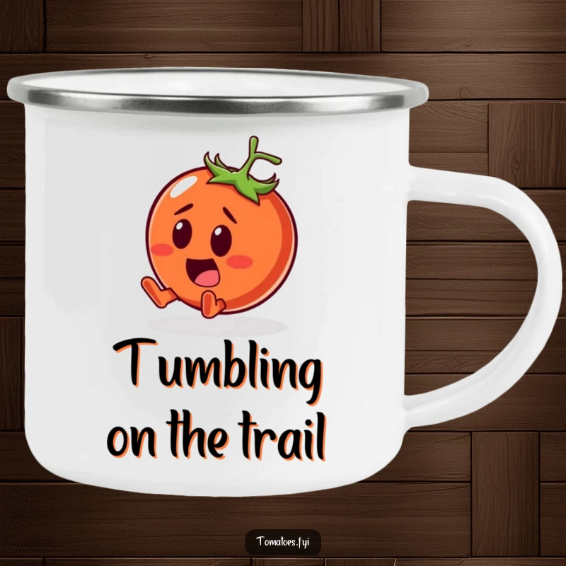 Funny Camping Mug featuring a surprised tomato character comically tumbling with a smile, perfect for humorous outdoor drinks.