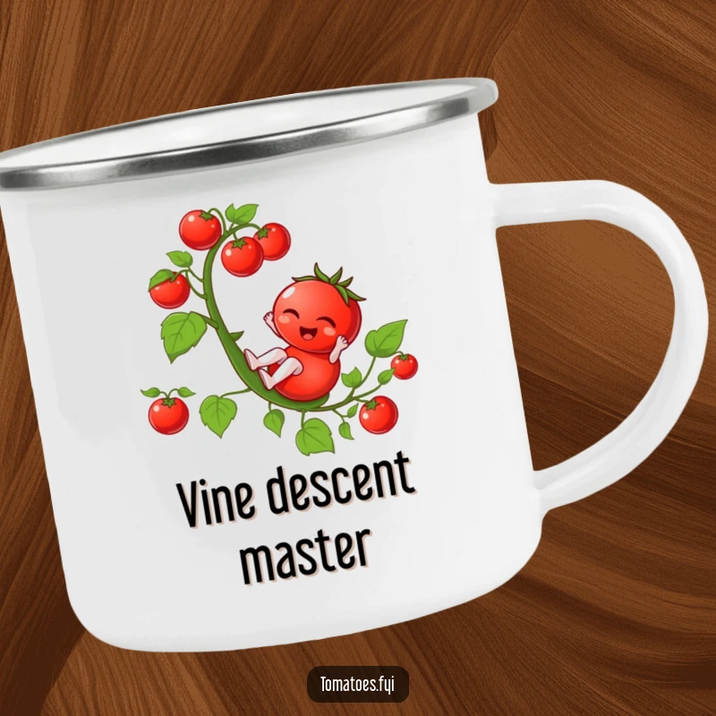 Funny winking tomato character sliding down a tomato vine, on a durable and funny camping mug.