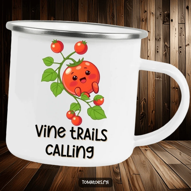 Funny Camping Mug: A blushing tomato character slides down a vine. A funny gift.