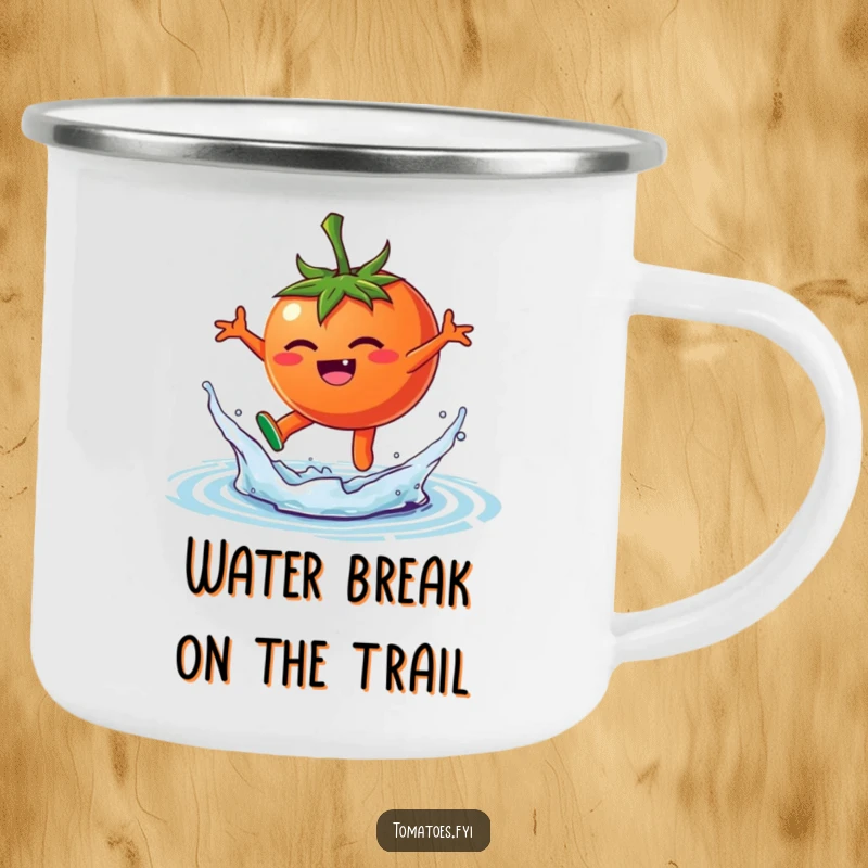 Funny camping mug featuring a happy tomato character making a playful splash as it leaps into water, great for outdoors.