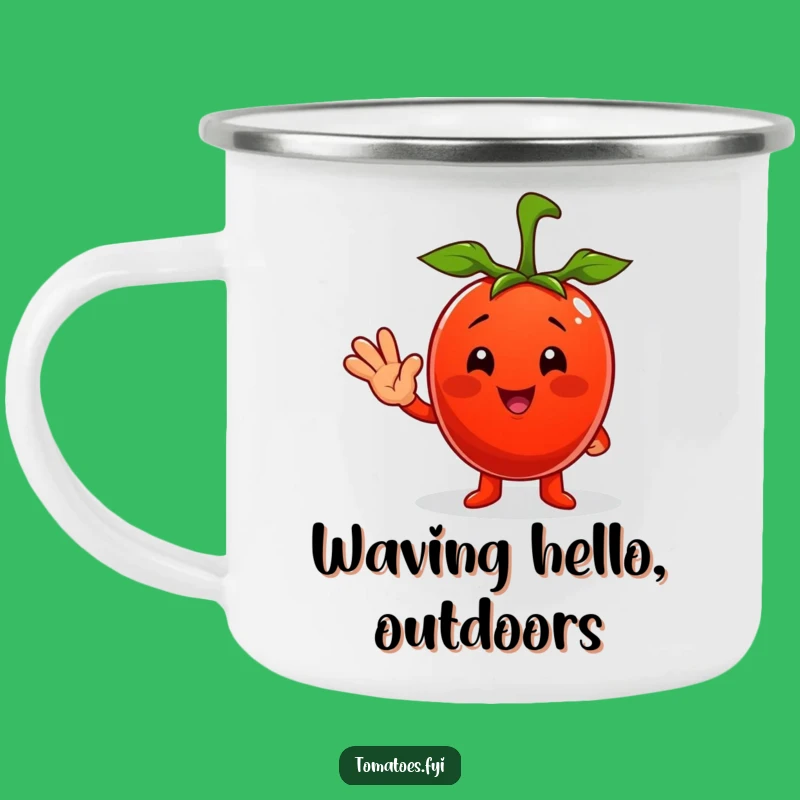 Funny Tomato Camping Mug: Waving Adventure, Your Perfect Funny Gift!