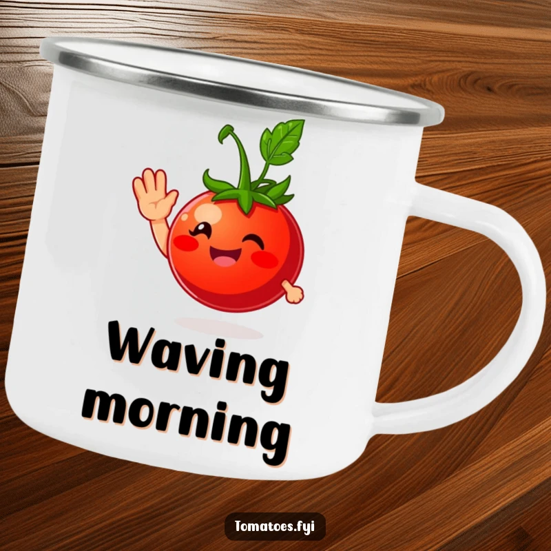 Funny camping mug with a smiling tomato character giving a friendly wave, designed for outdoor enjoyment and humorous greetings.