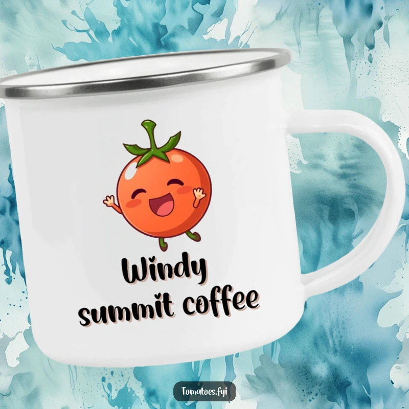 Funny camping mug with a thrilled tomato character being carried by a gentle breeze, durable and whimsical drinkware.