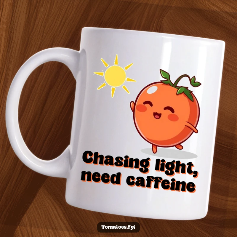 Funny mug featuring a cartoon tomato gleefully chasing a dancing sunbeam, embodying pure playful energy and morning cheer.