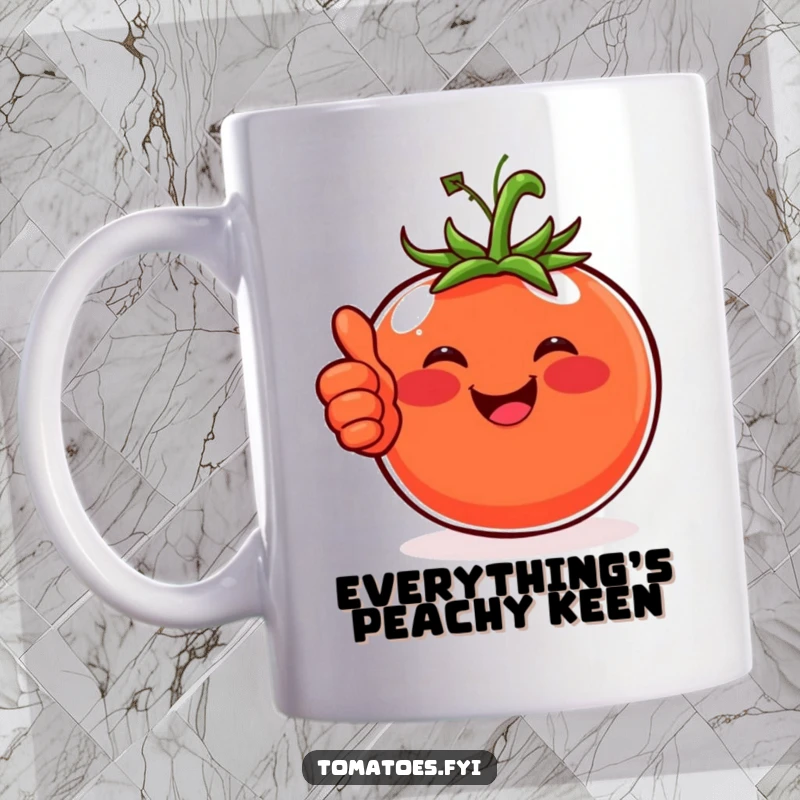 Funny mug featuring a happy tomato with rosy cheeks, giving a confident thumbs-up, radiating positive energy.