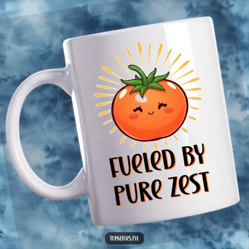 Funny mug featuring a tomato surrounded by a starburst of energy, symbolizing vibrant power and humor.