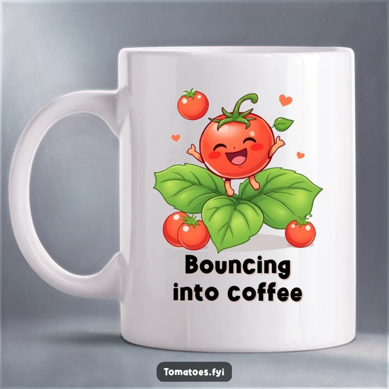 Funny Mug: An adorable baby tomato character happily bounces on a large green leaf. A funny gift.