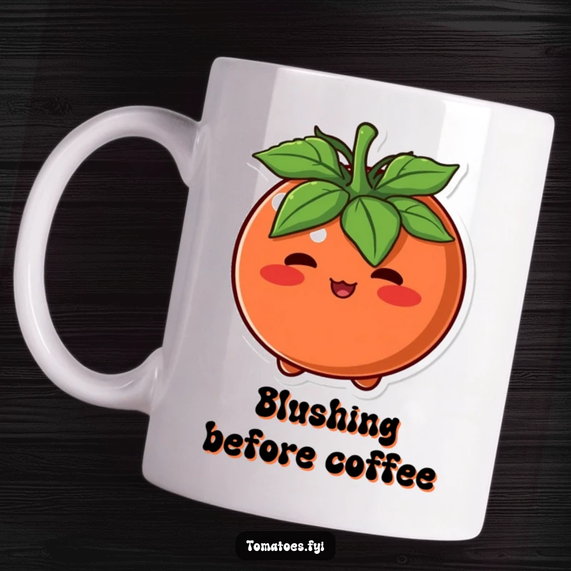 Funny Mug of a round tomato character blushing intensely, its cheeks bright red with embarrassment.