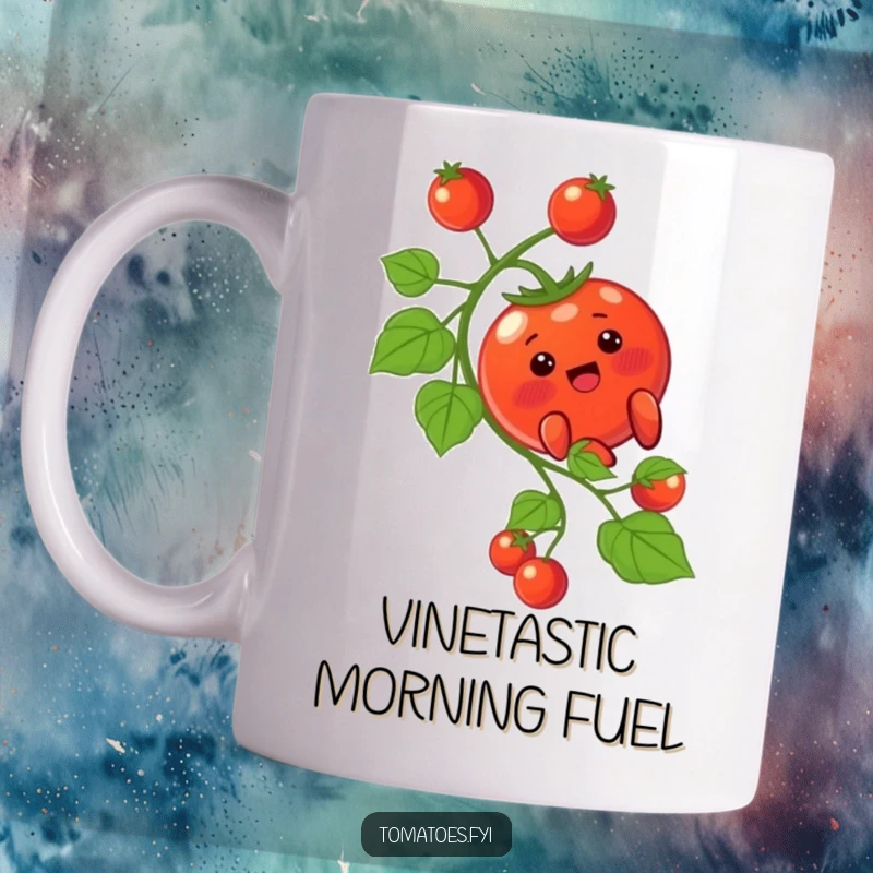 Funny Mug: A cute blushing tomato character joyfully slides down a green vine, perfect for a funny gift.