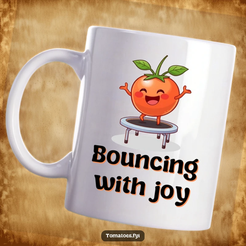 Funny Mug: A happy tomato character comically bounces high on a small trampoline, radiating pure joy.