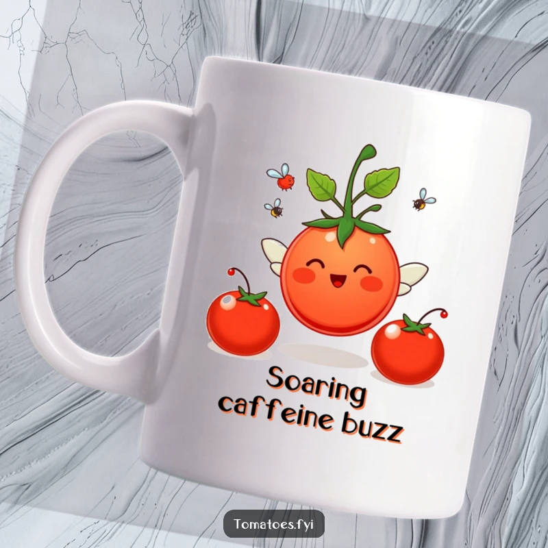 Funny Mug: A happy tomato character sprouts small wings and joyfully flies through the air. A funny gift.