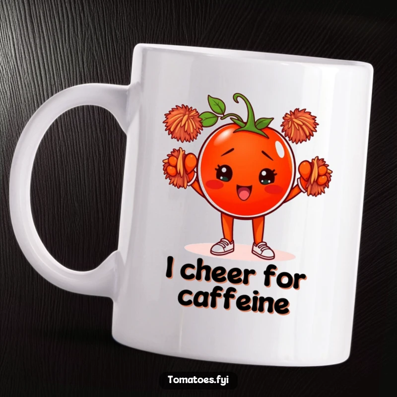 Funny mug featuring a determined tomato character enthusiastically cheering with tiny pom-poms, embodying spirit and motivation.