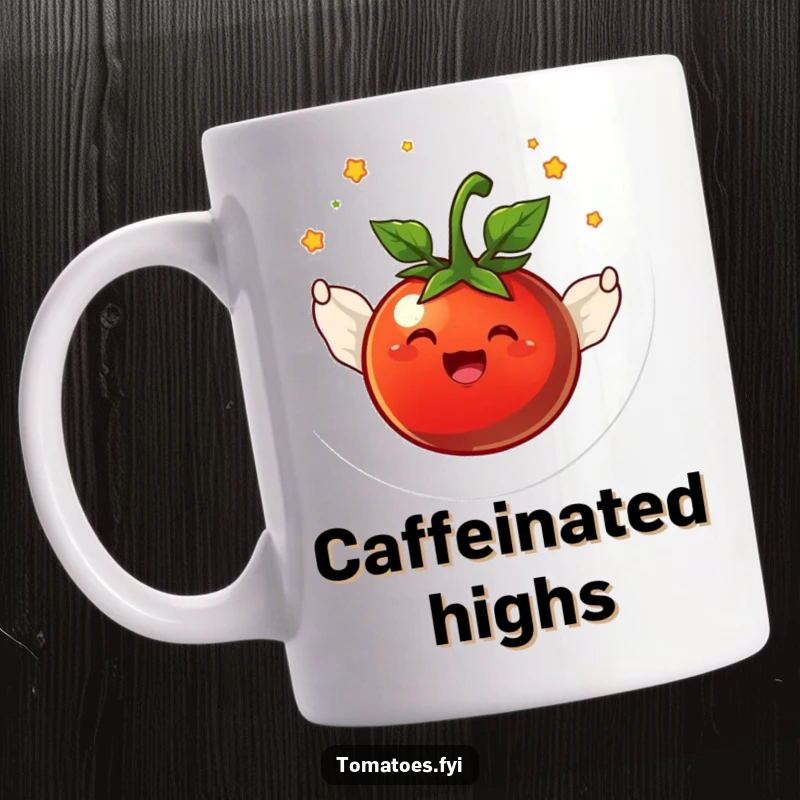 Funny, joyful tomato character with tiny wings joyfully flying in a circle on a coffee mug.