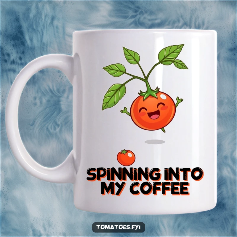 Funny Jovial Tomato Mug: A happy tomato character spinning cheerfully on its stem, radiating pure delight.