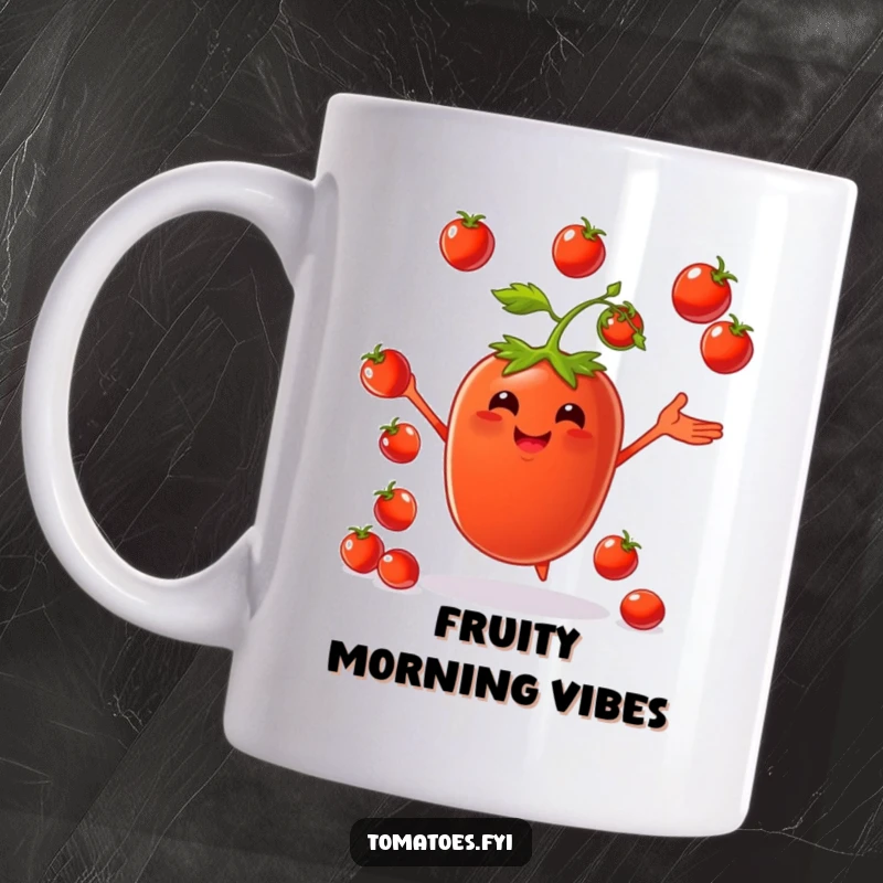 Funny mug with a happy tomato character skillfully juggling small red cherry tomatoes, full of vibrant energy.