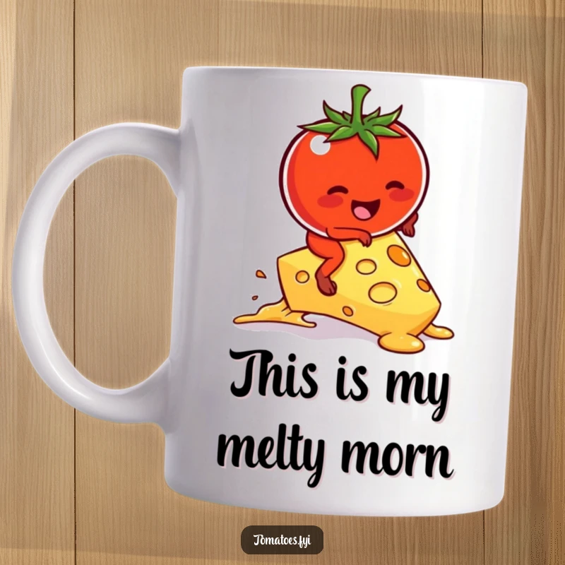 Funny kawaii tomato character hilariously attempting to ride a melting cheese slice on a mug.