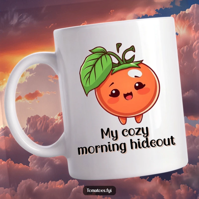 Funny mug with a cheerful tomato character playfully peeking from behind a vibrant green leaf, adding a touch of hidden fun.