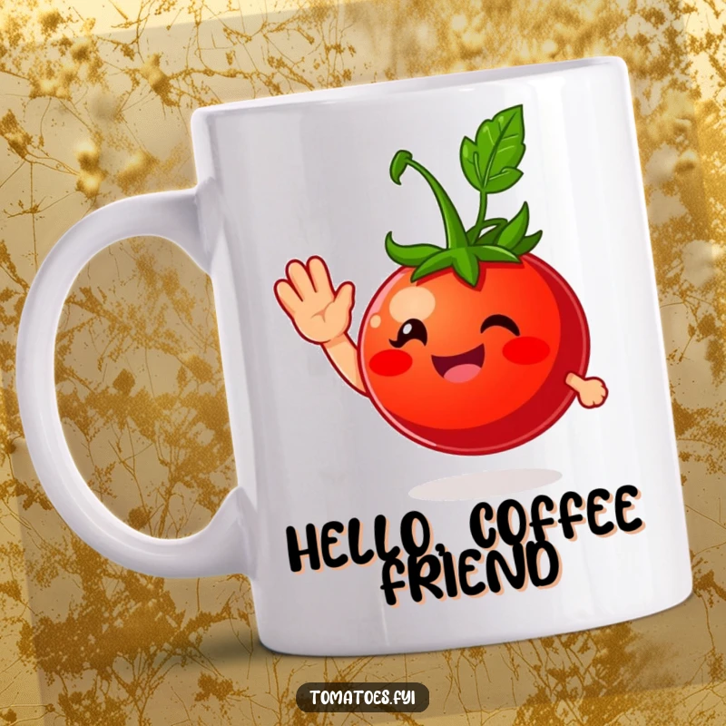 Funny mug featuring a smiling tomato character giving a friendly wave, embodying warmth and cheerful greetings.