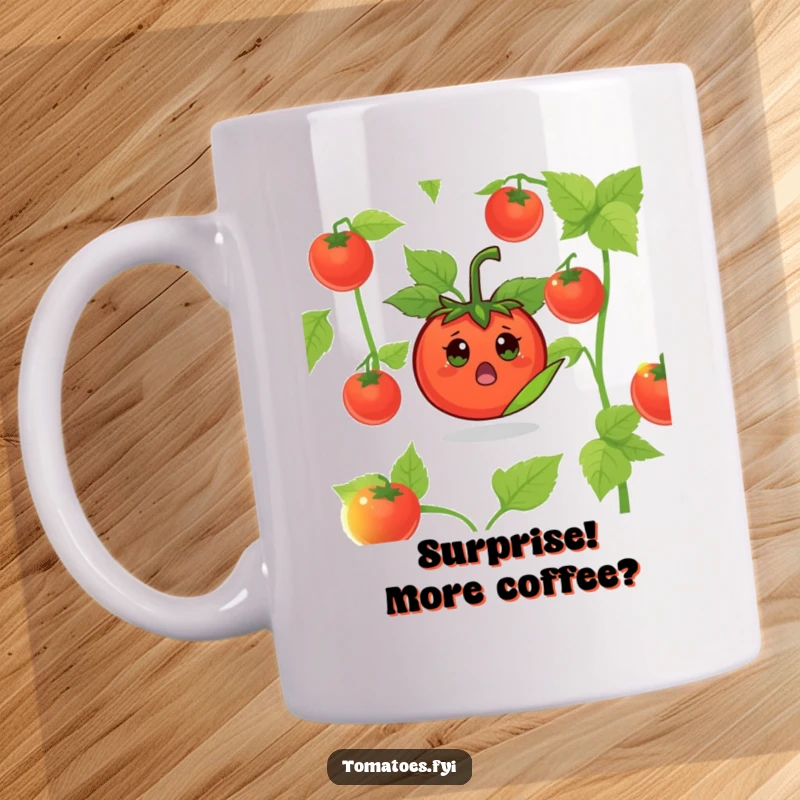 Funny Surprised Tomato Mug: A tomato character peeking out from a leaf with a look of surprise.