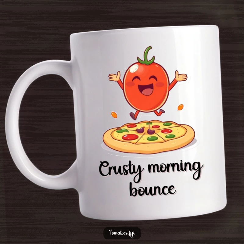 Funny cheerful tomato character joyfully bouncing on a giant pizza crust on a mug.
