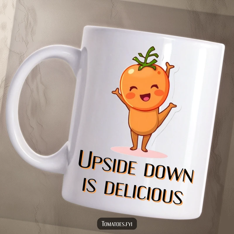 Funny tomato character comically attempting a handstand on this mug, showing a hilarious struggle for balance.