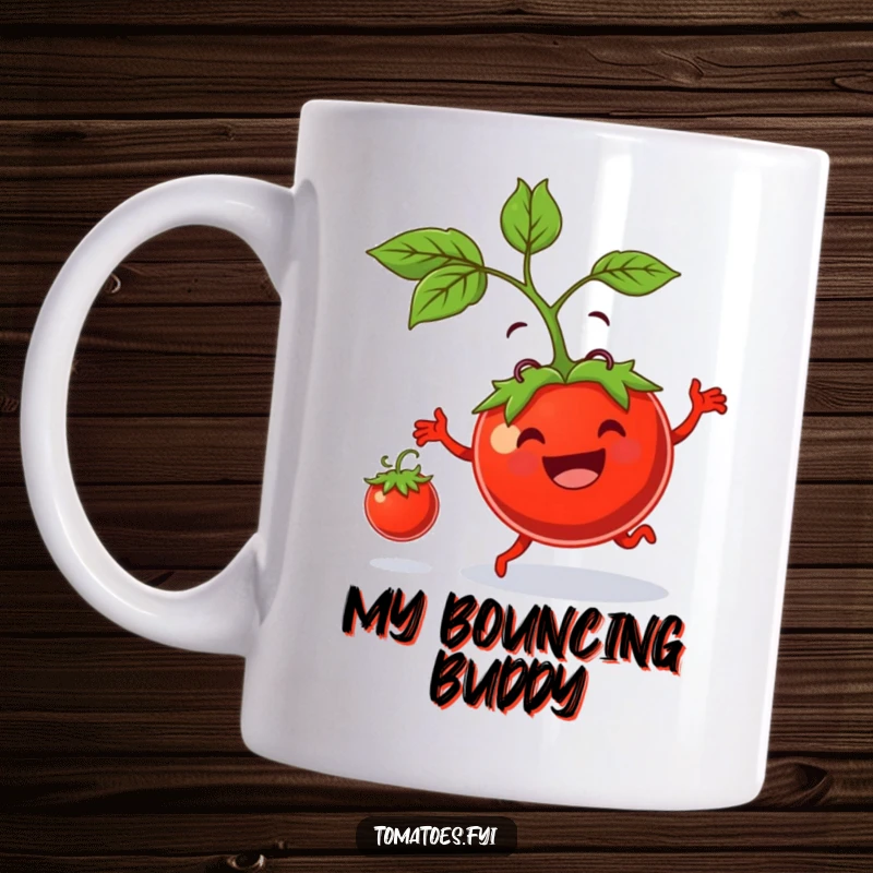 Funny mug shows a grinning tomato parent skillfully bouncing a smaller tomato, portraying a joyful and loving moment of parenthood.