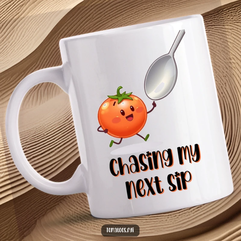 Funny mug showing a tomato character with tiny legs excitedly sprinting towards a giant spoon, depicting a humorous food chase.