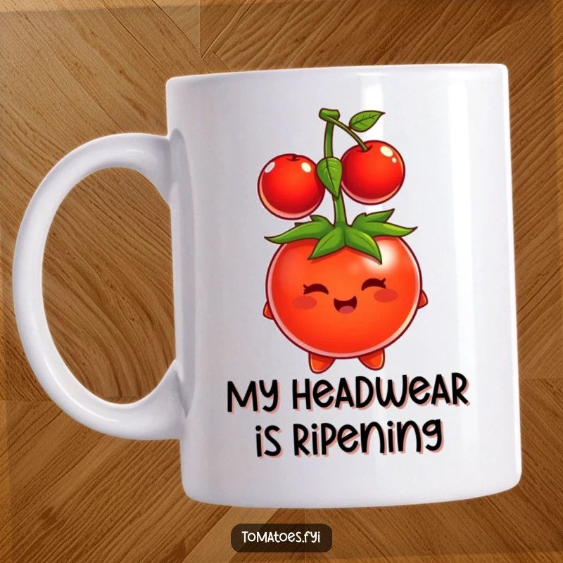 Funny tomato character comically trying to wear a tiny cherry as a hat, looking bewildered on a mug.