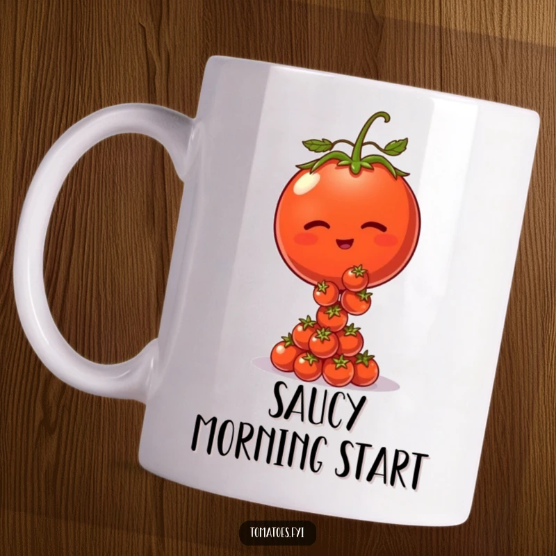 Funny mug featuring a winking tomato character skillfully balancing a tall pile of tiny tomatoes, showing off.
