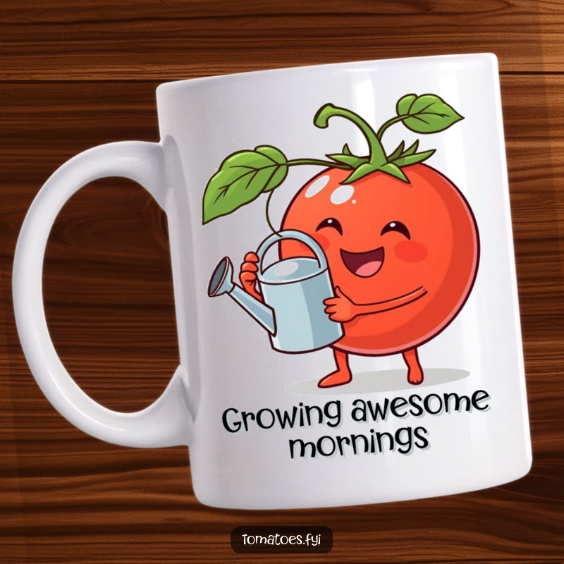 Funny mug featuring a jovial tomato happily holding a tiny watering can, symbolizing gentle gardening and humor.