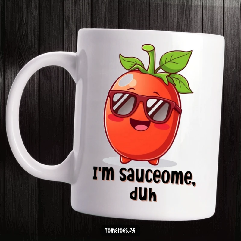 Funny Tomato Sunglasses Mug: A happy tomato wearing sunglasses enjoys a sunny day, radiating cool vibes.