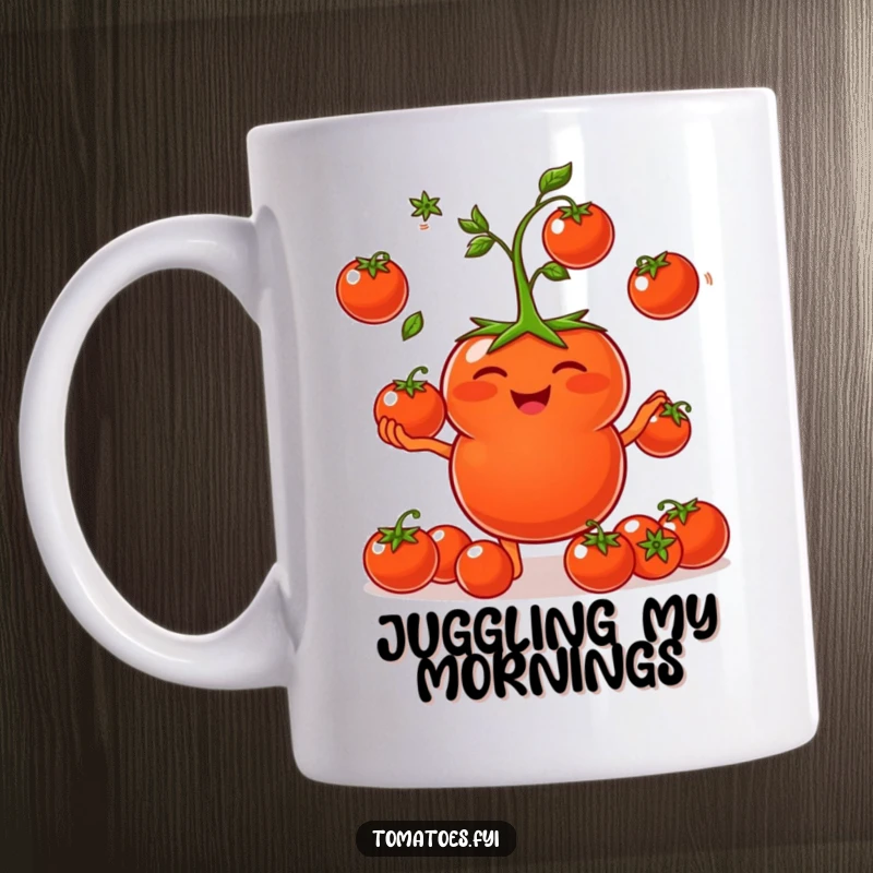 Funny Mug: A joyful tomato character laughs while skillfully juggling smaller cherry tomatoes. A funny gift.