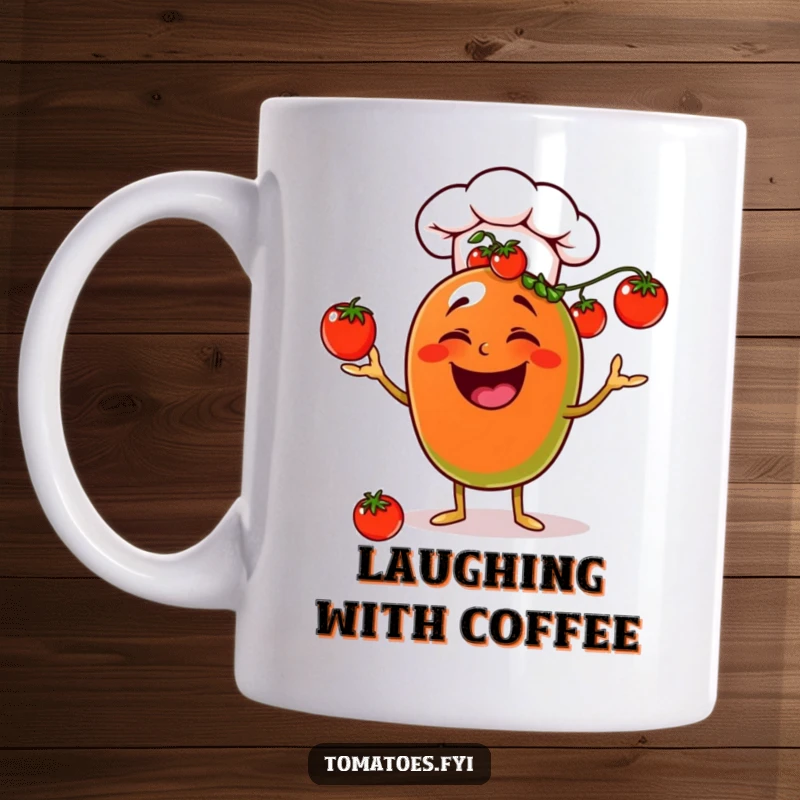 Funny laughing chef tomato mug, wearing a hat and juggling cherry tomatoes, a humorous culinary item.