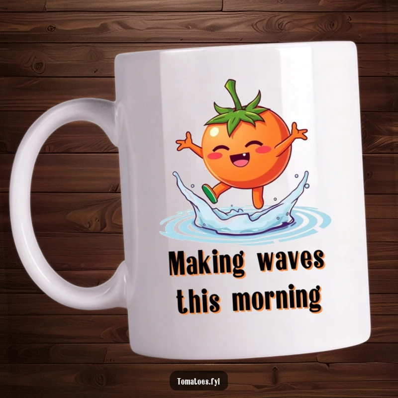 Funny mug featuring a happy tomato character joyfully leaping into a playful splash of water, capturing pure fun and energy.