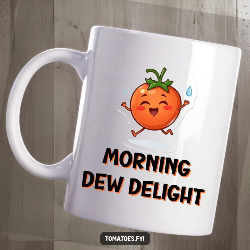 Funny mug showing a cheerful tomato character happily skipping along with a sparkling dewdrop, conveying pure joy and delight.