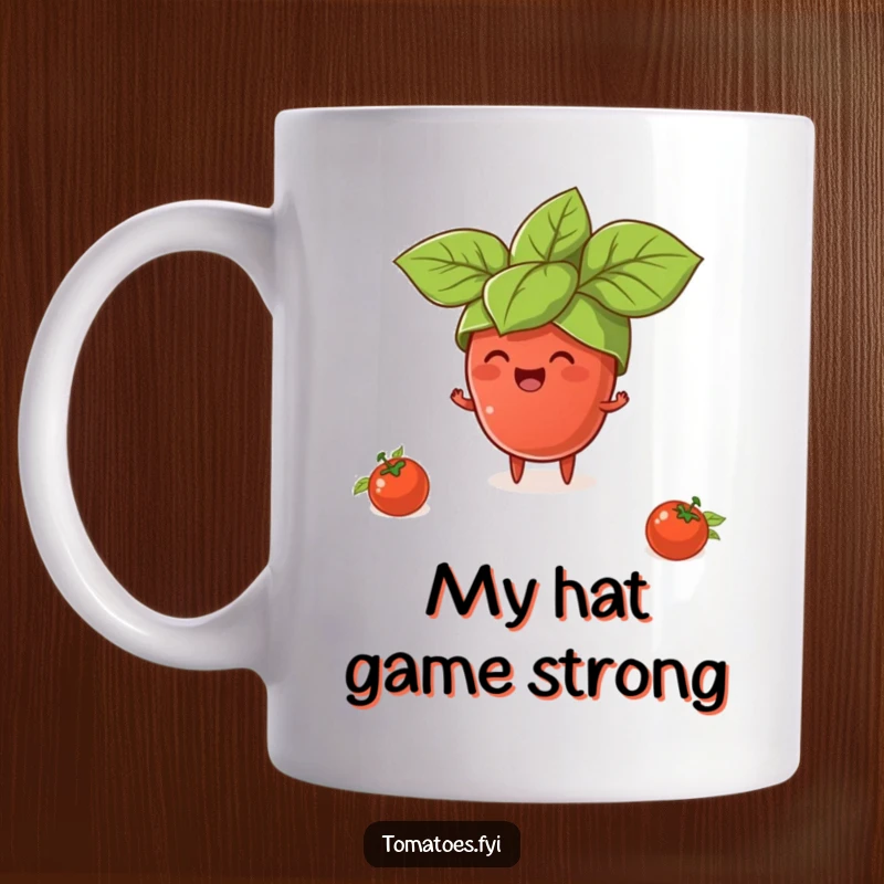 Funny mug with a tiny tomato character gleefully trying to wear a giant basil leaf as a hat, showcasing whimsical food fun.